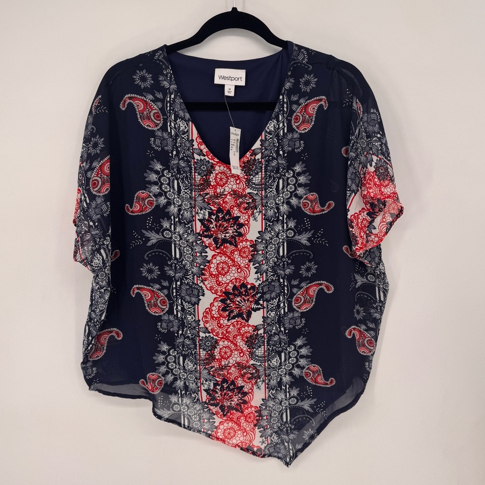 Westport Blouse Women Medium Navy Blue New Paisley V-Neck Asymmetric Chiffon Top